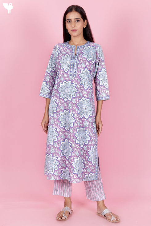 Bizzy Lizzy Cotton Kurta Pant Set With Chiffon Dupatta In Block Print